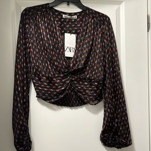 ZARA Women's Metallic Black Floral Cropped Blouse - NWT